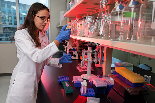 A woman in a lab coat uses a pipette