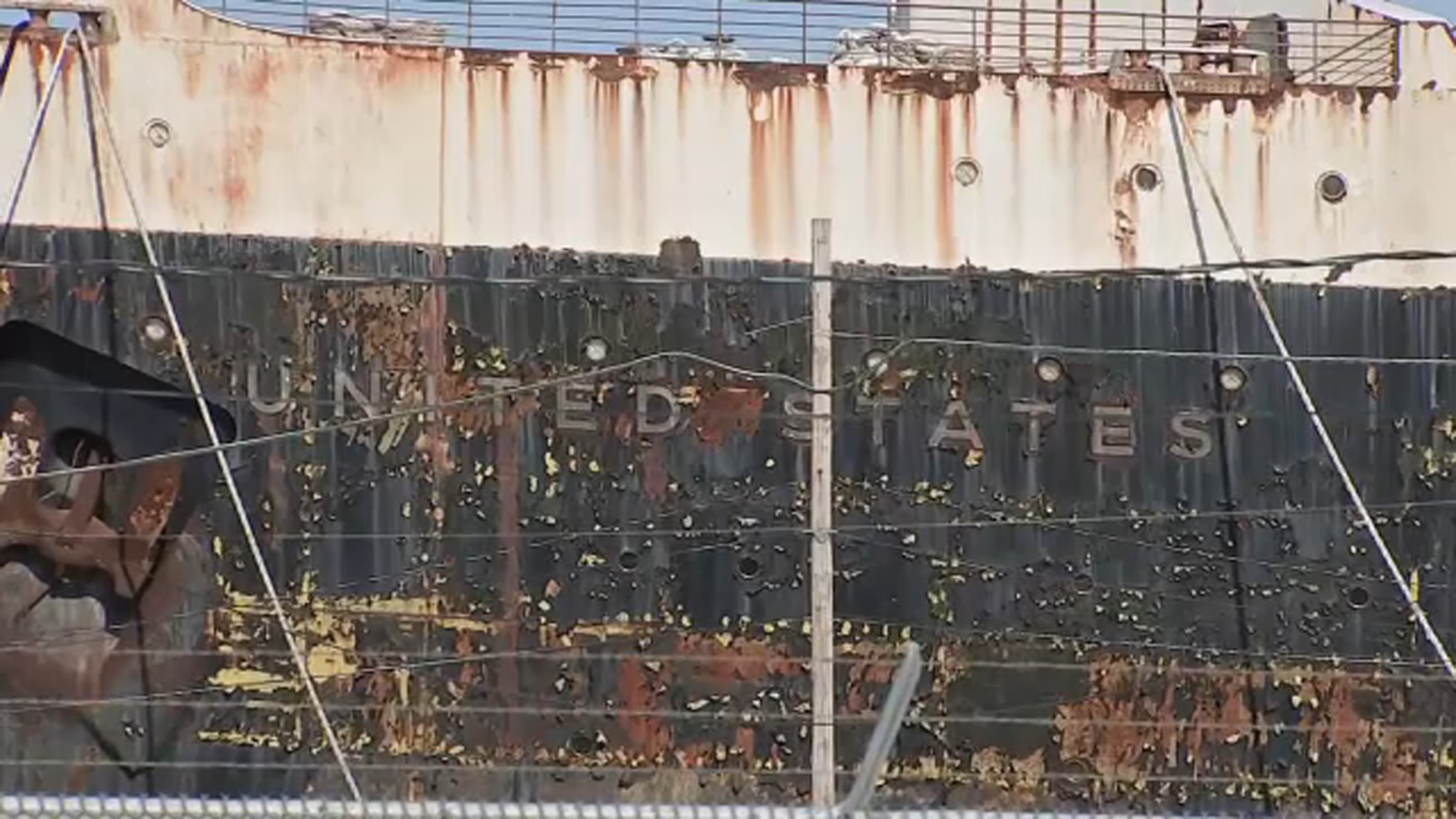 The SS United States rots in a Philadelphia port along the Delaware River.