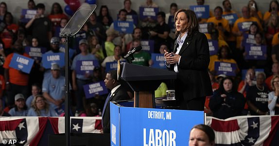 Democratic presidential nominee Vice President Kamala Harris speaks at a campaign event at Northwestern High School in Detroit, Monday, Sept. 2, 2024. (AP Photo/Jacquelyn Martin)