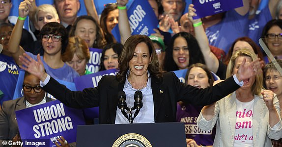 PITTSBURGH, PENNSYLVANIA - SEPTEMBER 02: Democratic presidential nominee, U.S. Vice President Kamala Harris speaks during a campaign event at IBEW Local Union #5 on September 02, 2024 in Pittsburgh, Pennsylvania. President Joe Biden joined Vice President Harris for her second Labor Day event, for the first time on the campaign trail since he departed the Democratic ticket and Harris was confirmed as the Democratic Party's nominee for the 2024 presidential election against Republican presidential nominee, former U.S. President Donald Trump. The event was attended by members of the IBEW,United Steelworkers, AFSCME, and other unions.  (Photo by Michael M. Santiago/Getty Images) ***BESTPIX***