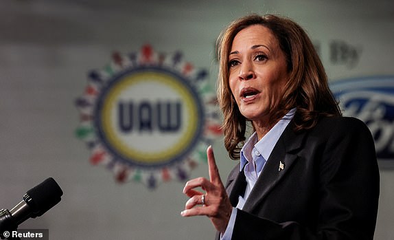 Democratic presidential nominee and U.S. Vice President Kamala Harris speaks at North Western High School in Detroit, Michigan, U.S., September 2, 2024. REUTERS/Brendan McDermid