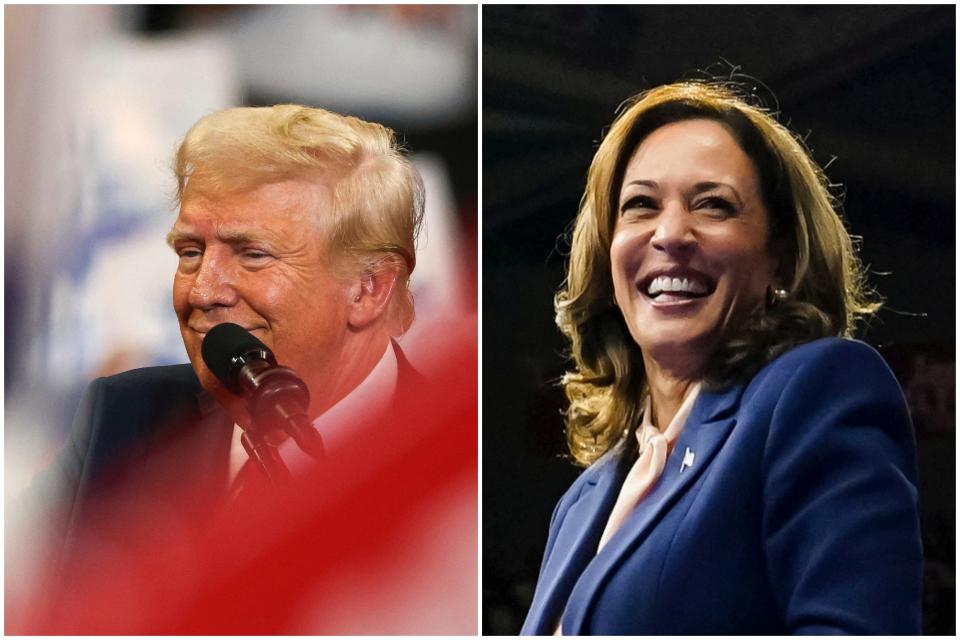 A combination picture shows Republican presidential nominee and former U.S. President Donald Trump reacting during a campaign rally held with Republican vice presidential nominee Senator JD Vance, in Atlanta, Georgia, U.S., August 3, 2024., and U.S. Vice President and Democratic presidential candidate Kamala Harris reacting as she holds a campaign rally with her newly chosen vice presidential running mate Minnesota Governor Tim Walz in Philadelphia, Pennsylvania, U.S., August 6, 2024. REUTERS/Umit Bektas/Elizabeth Frantz