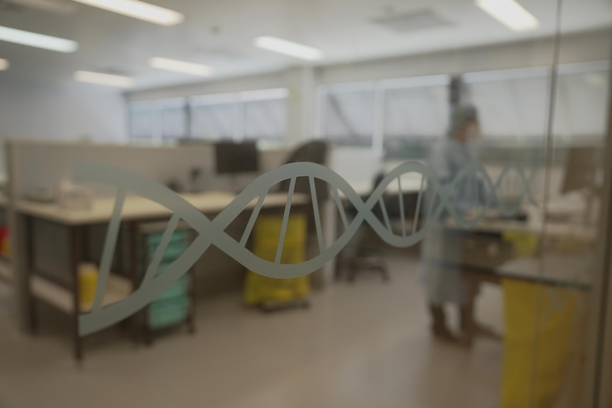 A worker dressed in medical scrubs, viewed through a glass door that features an outline in the shape of a DNA strand.