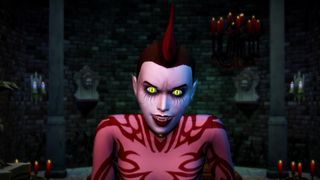 The Sims 4 Vampires trailer screenshot showing a young woman with a red mohawk and glowing eyes staring ahead, her fangs showing