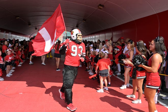 Sep 21, 2024; Louisville, Kentucky, USA; Magilla Gorila greets Louisville Cardinals fans before the Card March prior to a game against the Georgia Tech Yellow Jackets at L&N Federal Credit Union Stadium. Mandatory Credit: Jamie Rhodes-Imagn Images