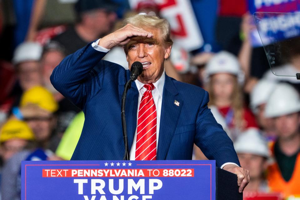 President and Republican presidential candidate Donald Trump speaks during a rally at 1st Summit Arena at the Cambria County War Memorial in Johnstown, Pennsylvania, on August 30, 2024.