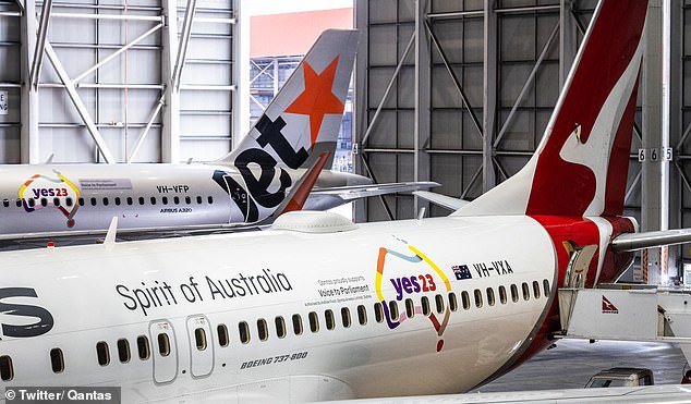 Voice 'Yes23' logos were emblazoned on the side of some Jetstar and Qantas planes