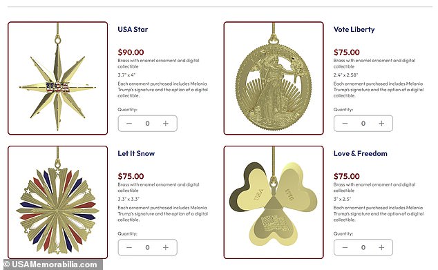 The ornaments, which are named 'USA Star,' 'Vote Liberty,' 'Let It Snow,' and 'Love & Freedom,' range from $75 to $90