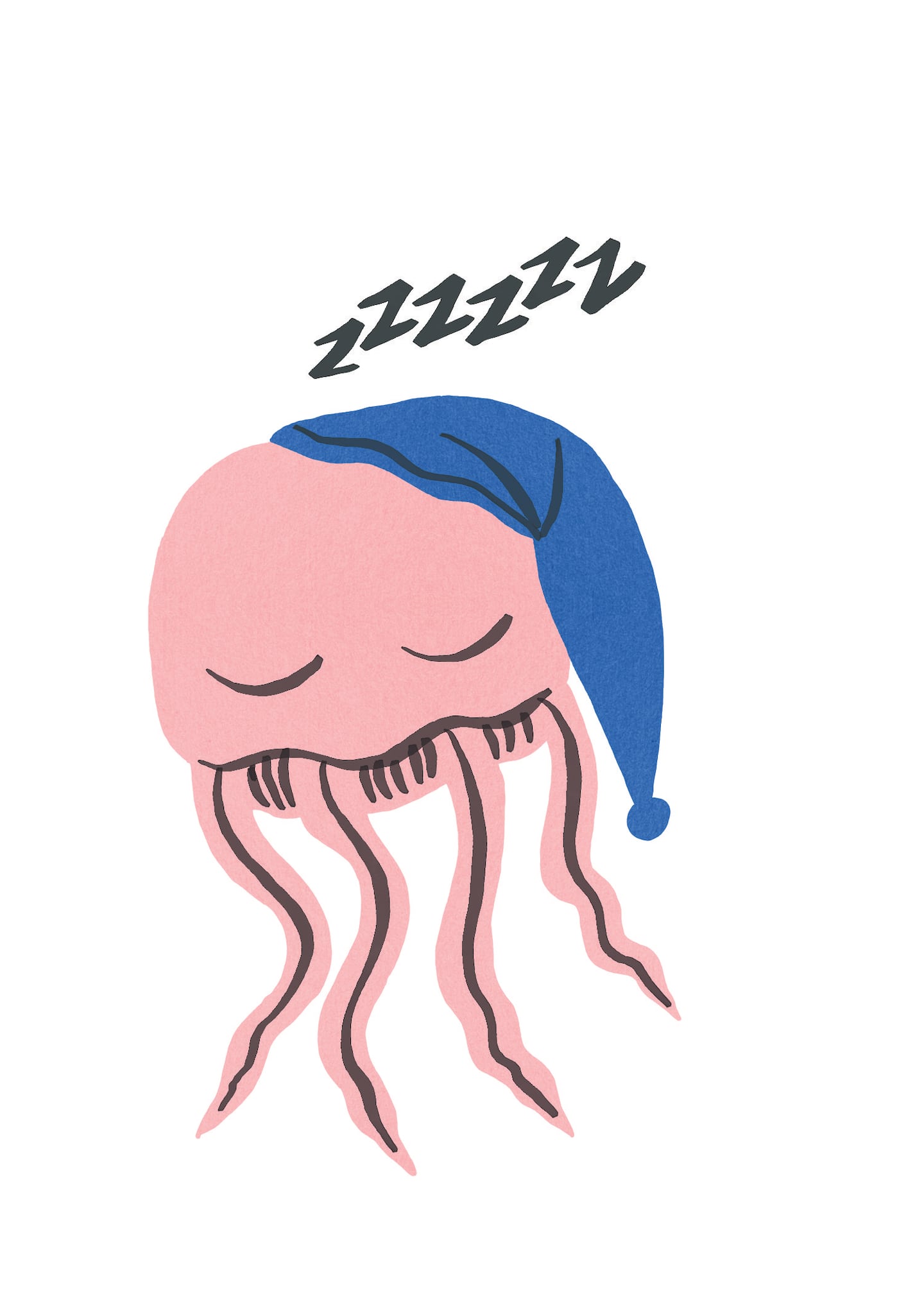 Cartoonish illustration of a pink jellyfish with a night cap on. It has eyes that are closed as if it's sleeping.