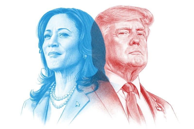 Pencil drawn portraits of Kamala Harris and Donald Trump are overlapped, one in blue and one in red.