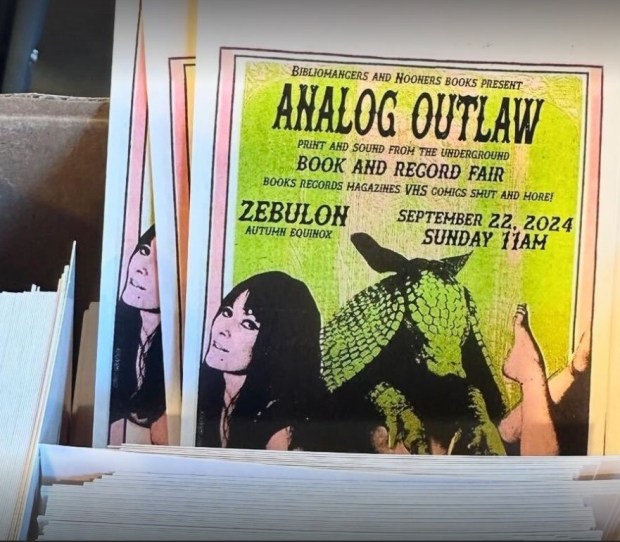 Postcards for the Analog Outlaw Book and Record Fair, a daytime event set to take place on Sunday, Sept. 22, at Elysian Valley nightclub Zebulon. (Image courtesy of James Weigel / Analog Outlaw Book and Record Fair)