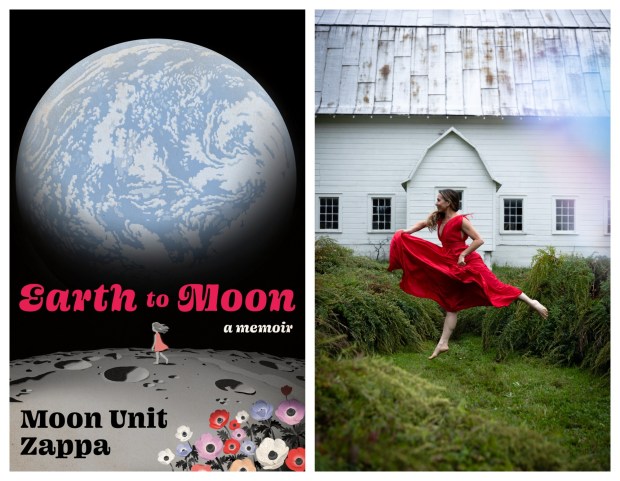 Book cover with picture of a full moon beside image of author dancing in a red dress