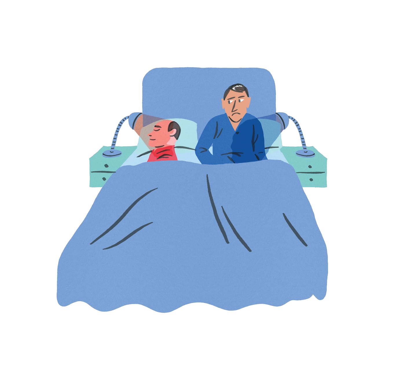 Cartoonish drawing of a couple in bed. One person is laying on their side sleeping soundly. The other person is sitting up, leaning against the headboard, looking dismayed that they can't sleep. There are lamps on the night stands on either side of the bed that are shining light on both people.