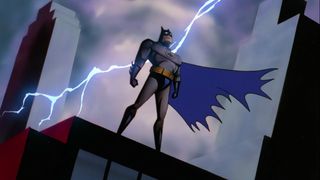 Batman stands on a rooftop, in front of a bolt of lightning, Batman: The Animated Series