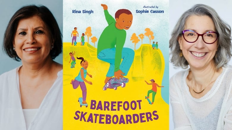 A book cover of Barefoot Skateboarders by Rina Singh, illustrated by Sophie Casson, showing a boy on a skateboard, with other children on skateboards in the background. The book's creators are also pictured.