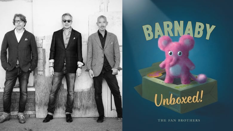 The book cover for Barnaby Unboxed! by The Fan Brothers, showing a small creature - who is part mouse, elephant and flamingo - standing on an open toy boy staring into the camera. A photography of the three book's creators is also shown on the left.