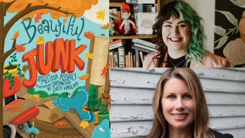 A book cover of Beautiful Junk by Melissa Assaly, illustrated by Samantha Lucy Haslam, showing a tree surrounded by household items. The book's creators are also pictured. 