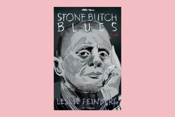 An illustration of a gray book cover with the author’s portrait. “STONE BUTCH BLUES