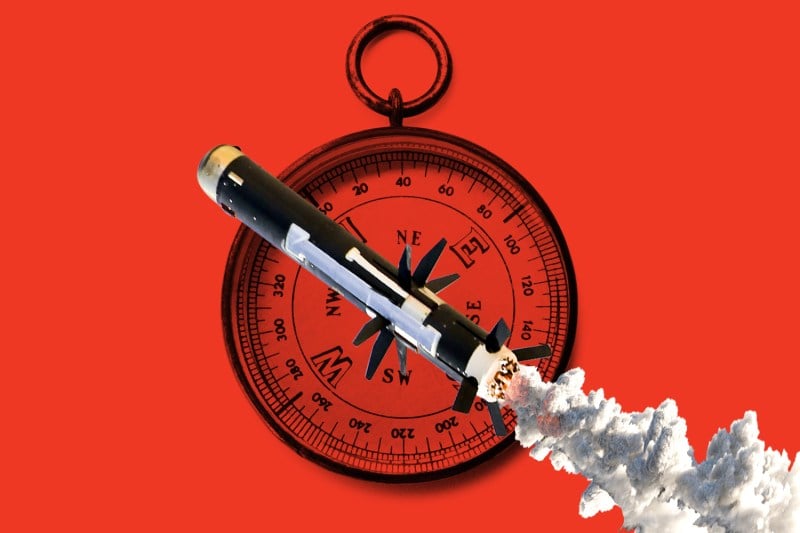 A photo illustration shows a missile in place of a direction indicator on the face of a compass.