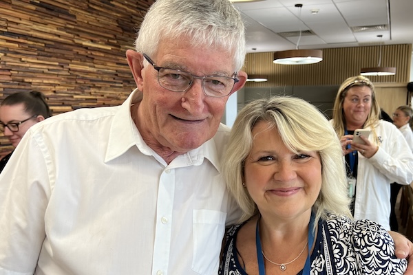 Michael Bottomley Renshaw with Tracey Mallin who attended his Btec National Travel and Tourism class at New College Durham (1981-83). After working for travel agencies, she joined Sunderland College in 1995 as a travel and tourism lecturer and is now a student progress and development tutor. 