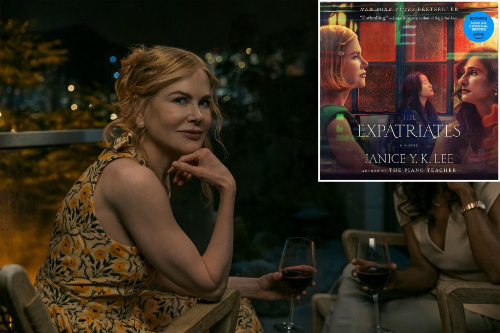 Actresses Nicole Kidman and Sarayu Blue sitting at a table with a glass of wine