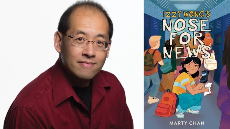 A book cover of Izzy Wong's Nose for News by Marty Chan, showing a girl crouching down in the hallway of her school, with her backpack next to her, holding a recording device, while her classmates walk past her. The book's author is also pictured.