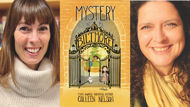 A book cover of Mystery at the Biltmore by Colleen Nelson, illustrated by Peggy Collins, showing a boy and girl standing at the gates to an apartment building, with a small dog.  The book's creators are also pictured.