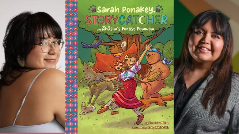 The book cover for Sarah Ponakey, Storycatcher and Âhâsiw's Forest Powwow by Sita MacMillan, illustrated by Azby Whitecalf, showing a young girl dancing with animals in the forest. The author and illustrator both smile at the camera.