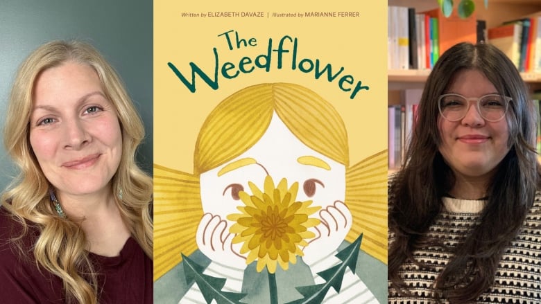 The book cover of The Weedflower by Elizabeth Davaze, illustrated by Marianne Ferrer, showing a close-up illustration of a little girl's face with her hands resting on her chin, as she stares at a weedflower. The book's creators are also pictured.