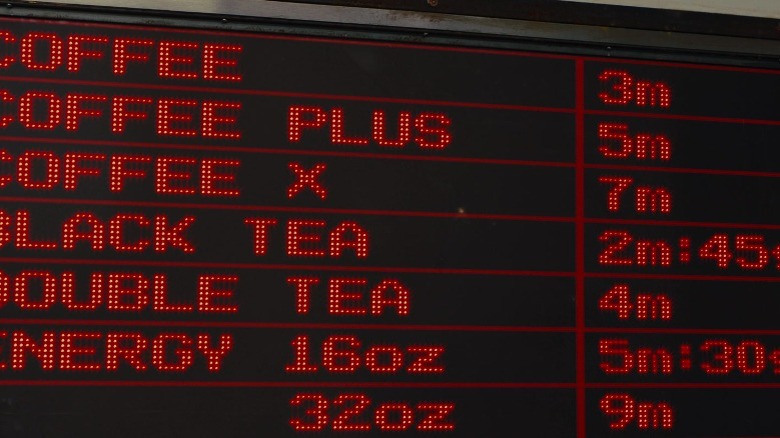 Coffee shop panel showing prices in minutes