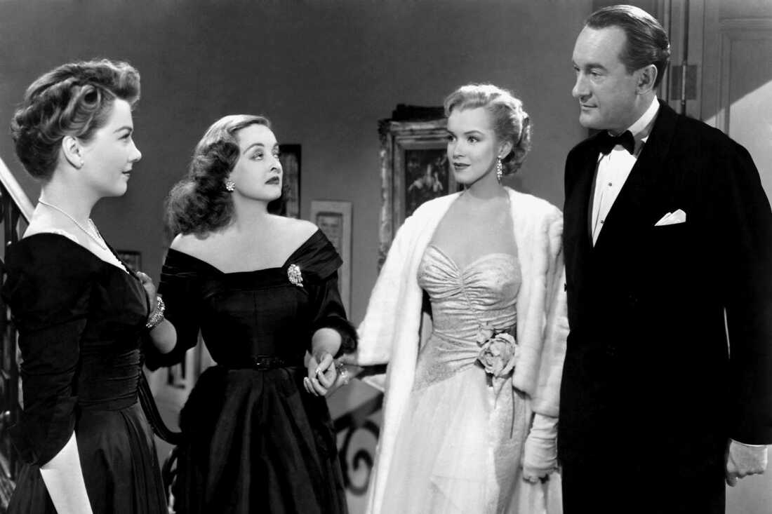 Anne Baxter, Bette Davis, Marilyn Monroe and George Sanders in All About Eve. Sanders played Addison DeWitt, a prickly Broadway critic.