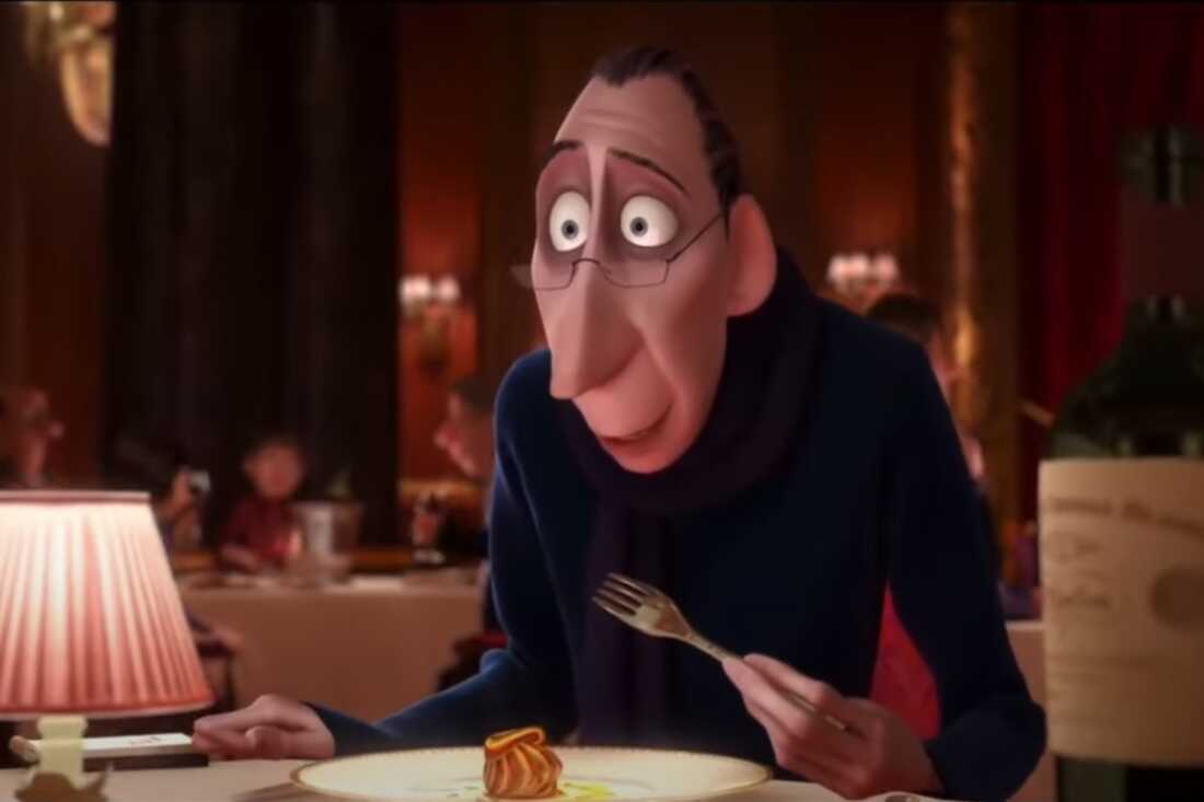 Critic Anton Ego tastes the ratatouille that makes him melt.