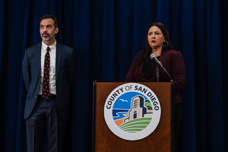 County Board of Supervisors, Chairwoman Nora Vargas speaks to members of the media about the CARE Act program at the County Administration Center in downtown on Sept. 27, 2023.