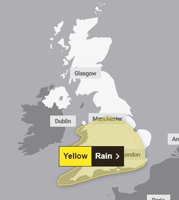 A rain warning covers much of England and Wales