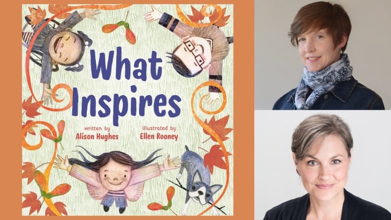 A book cover of What Inspires by Alison Hughes, illustrated by Ellen Rooney, showing children holding their arms wide open and looking up at the sky, smiling, with leaves around them. The book's creators are also pictured.