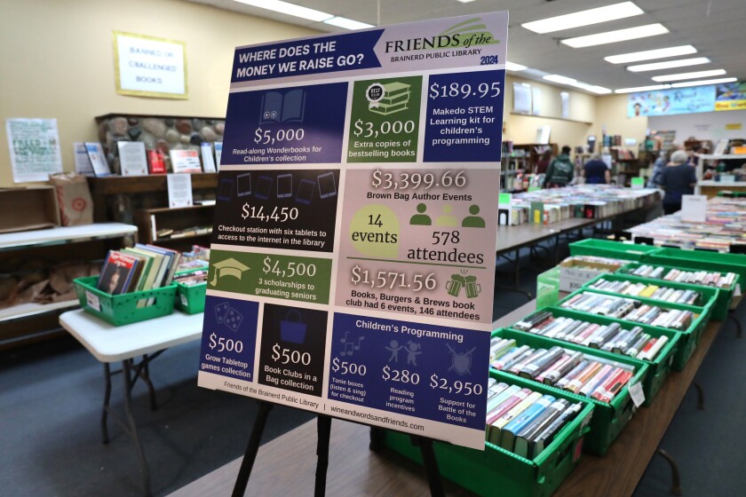 A sign explains where the money raised by the book sale is on display Wednesday, Oct. 23, 2024, during the Friends of the Brainerd Public Library Book Sale at the Westgate Mall. The book sale wraps up 6 p.m. on Thursday.