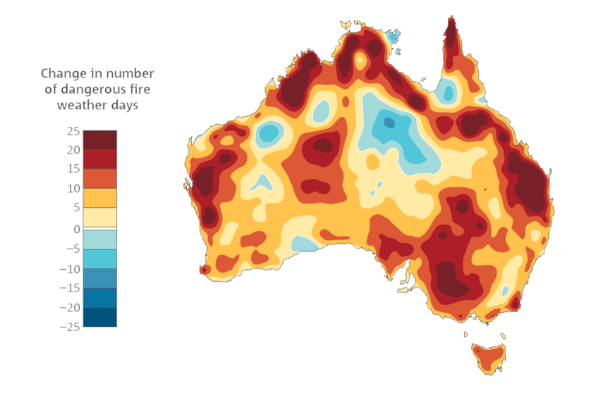 A colour coded map of Australia indicating extreme fire danger across large swathes of the country