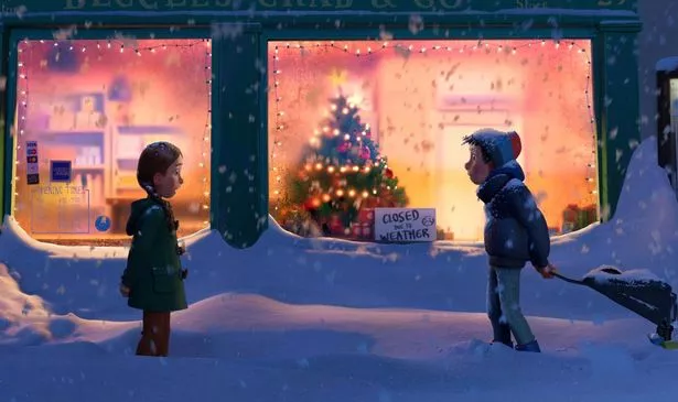 Two animated children in front of shop window at Christmas