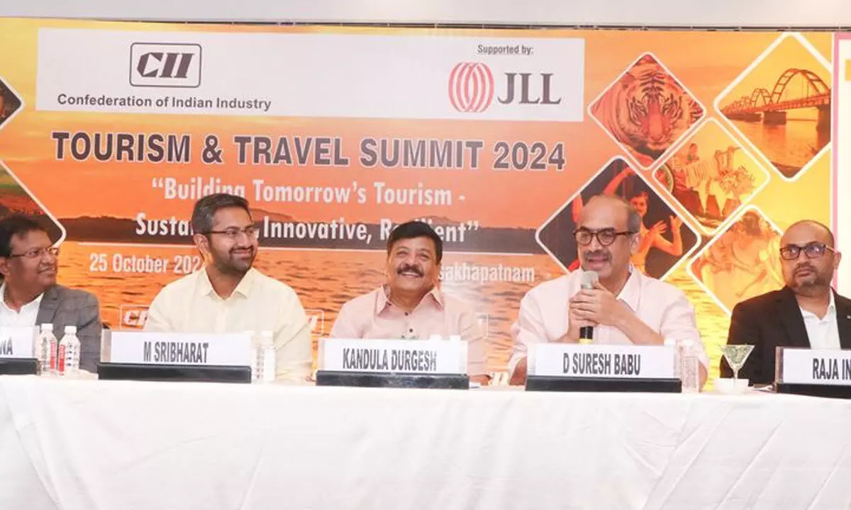 Tourism and culture minister Kandula Durgesh speaking at Travel and Tourism summit in Visakhapatnam on Friday