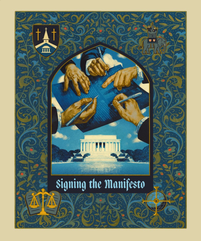 Illustration shows five hands, three with pens, on top of a document above an image of the Lincoln Memorial.