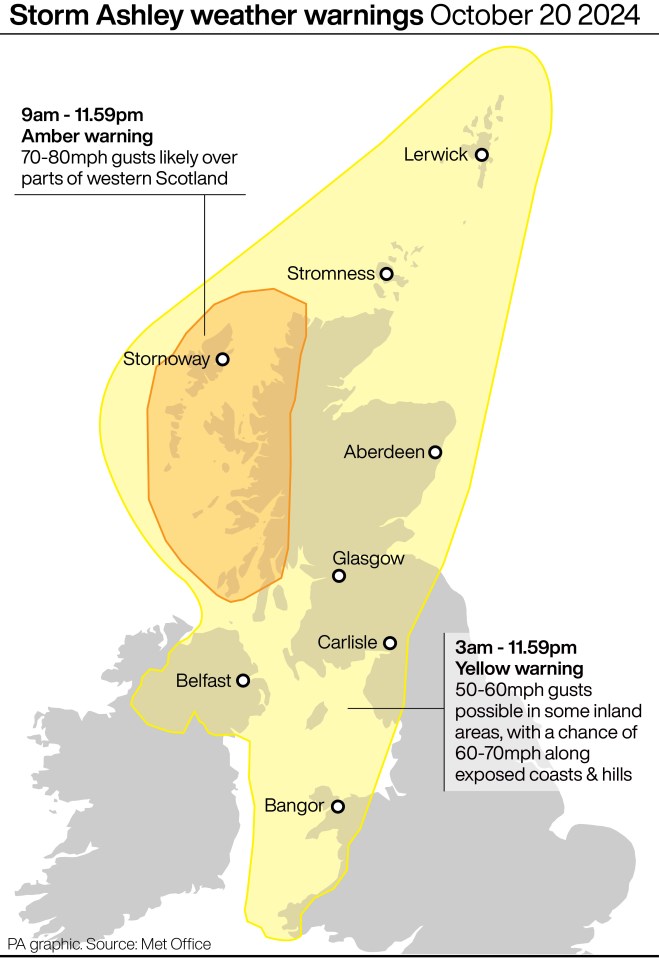 An amber warning is in place for 80 mph winds on the west coast