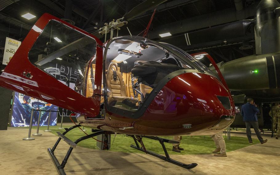 A Bell 505 helicopter on display