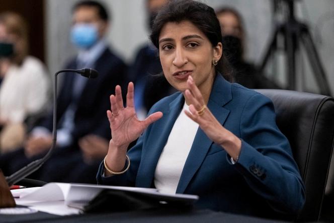 Lina Khan at a Senate Commerce, Science and Transportation Committee hearing on Capitol Hill, Washington, April 21, 2021.