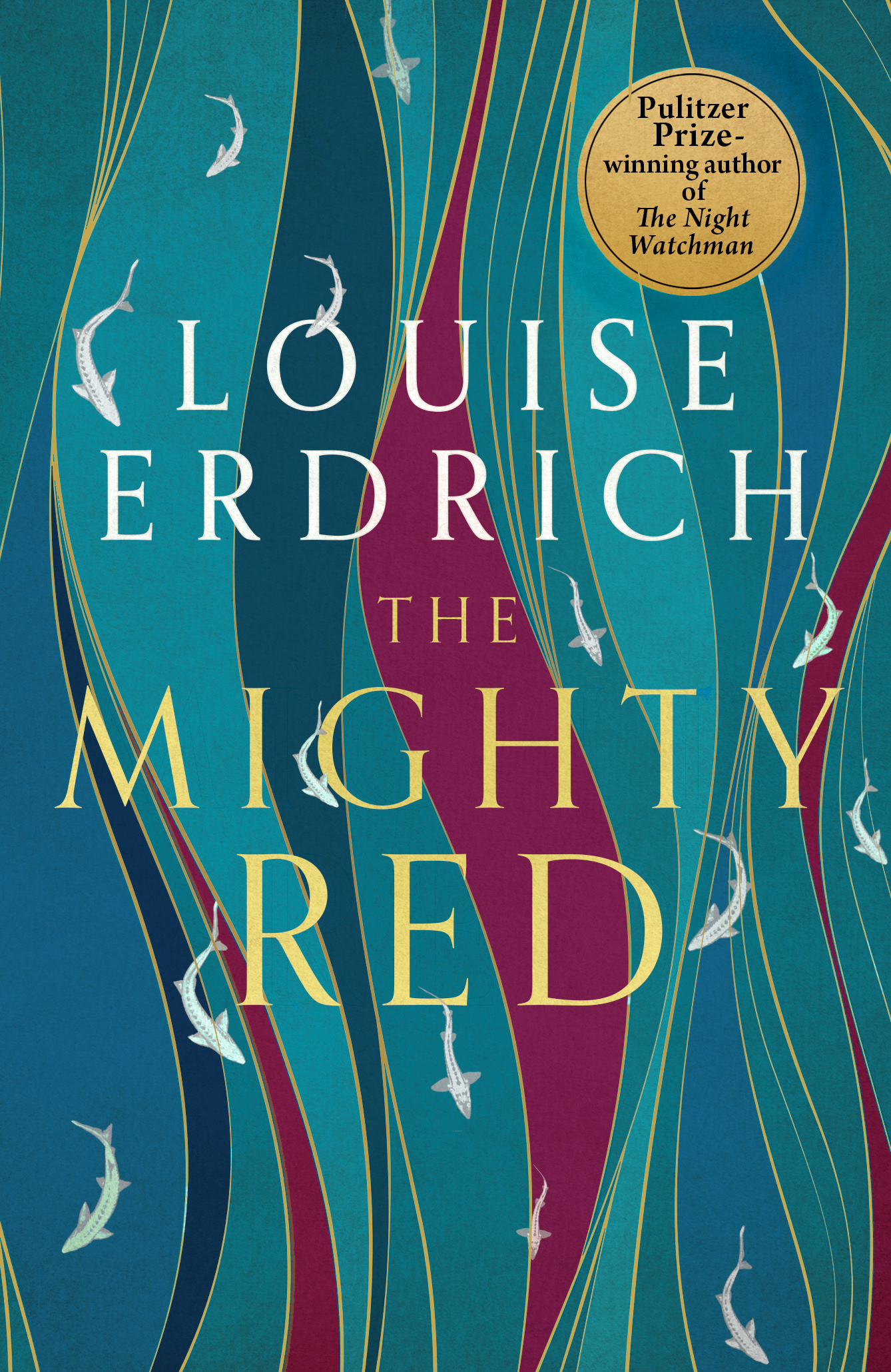 A book cover for The Mighty Red by Louise Erdrich, featuring drawings of sharks swimming through water.