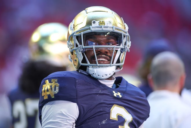 Oct 19, 2024; Atlanta, Georgia, USA; Former Notre Dame Fighting Irish linebacker Jaylen Sneed (3) on the field before a game against the Georgia Tech Yellow Jackets at Mercedes-Benz Stadium. Mandatory Credit: Brett Davis-Imagn Images