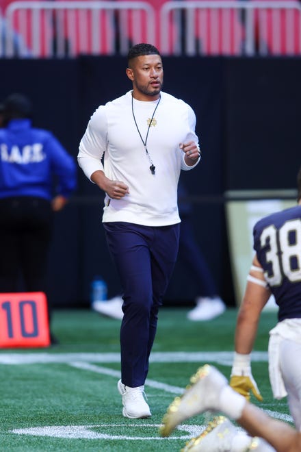 Oct 19, 2024; Atlanta, Georgia, USA; Notre Dame Fighting Irish head coach Marcus Freeman before a game against the Georgia Tech Yellow Jackets at Mercedes-Benz Stadium. Mandatory Credit: Brett Davis-Imagn Images