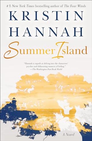 'Summer Island' book cover with the shape of a tree featuring a lighthouse and ocean inside of it