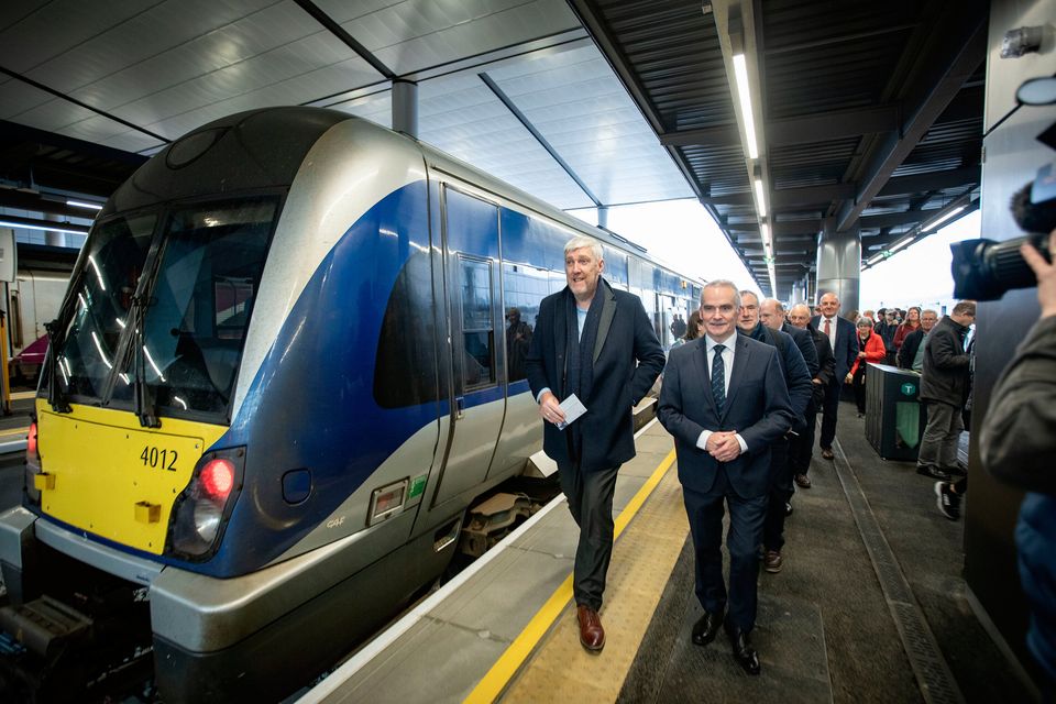 Infrastructure Minister John O'Dowd and Translink CEO Chris Conway at Grand Central Station. Pic: Brian Morrison/PA Wire