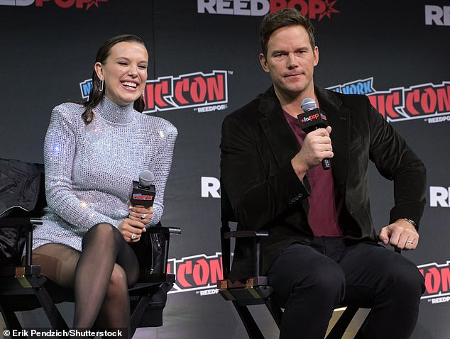 Millie and Chris talk on a pane for The Electric State at New York Comic Con on October 17