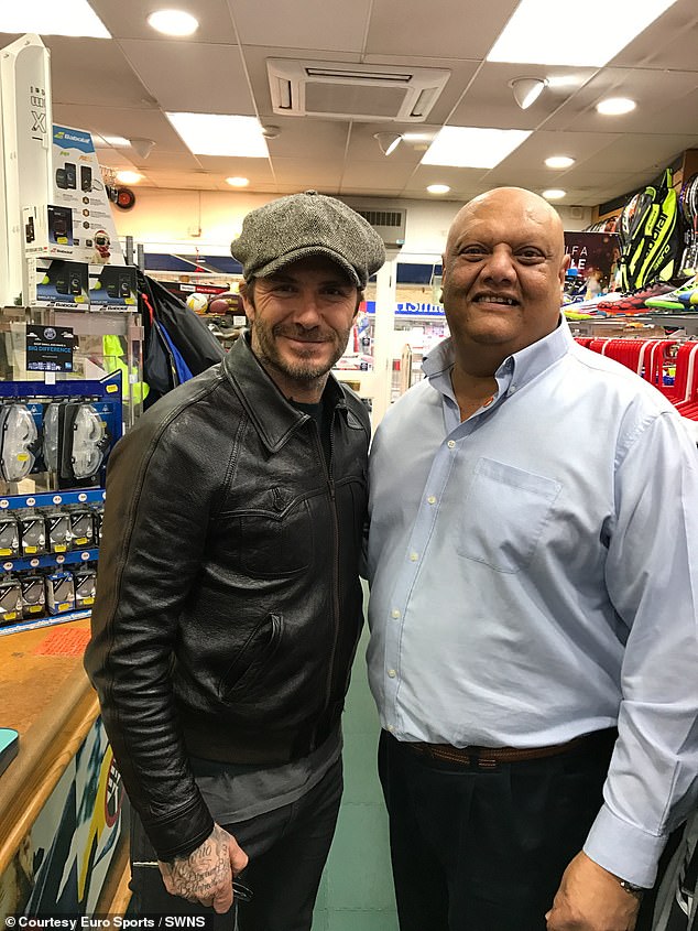 Dip Patel with David Beckham at Euro Sports in 2016